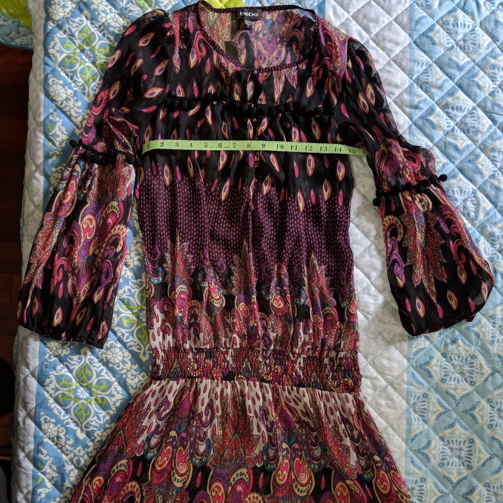 Gorgeous BEBE Boho Ethnic Gypsy Semi Sheer Pom Pom